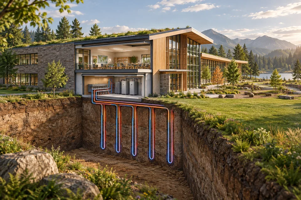 AI conceptual cross-section of an imagined building connected to underground heat-exchange loops