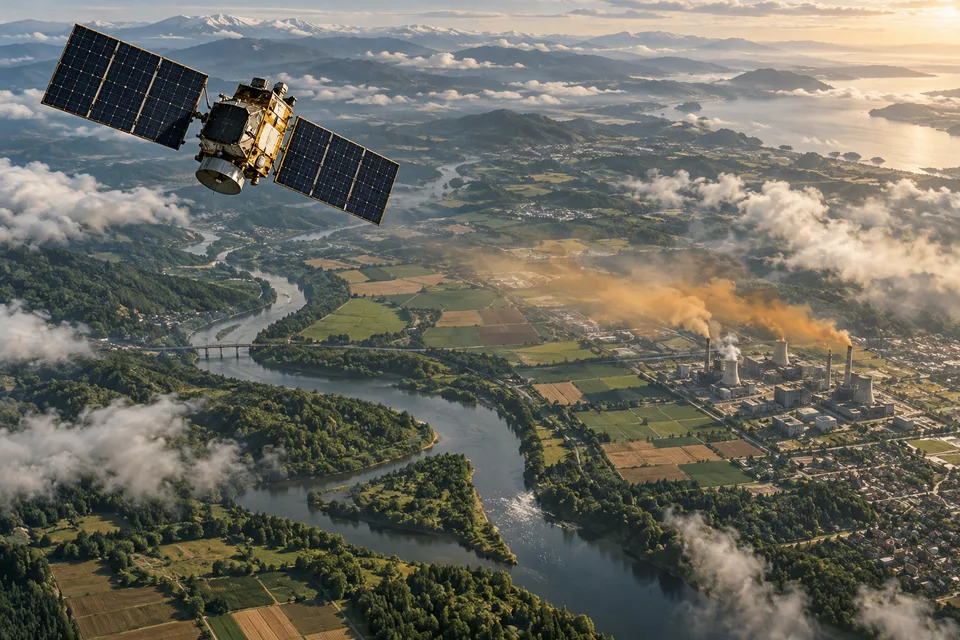AI conceptual satellite view of an imagined methane plume above industrial terrain, not a scientific measurement