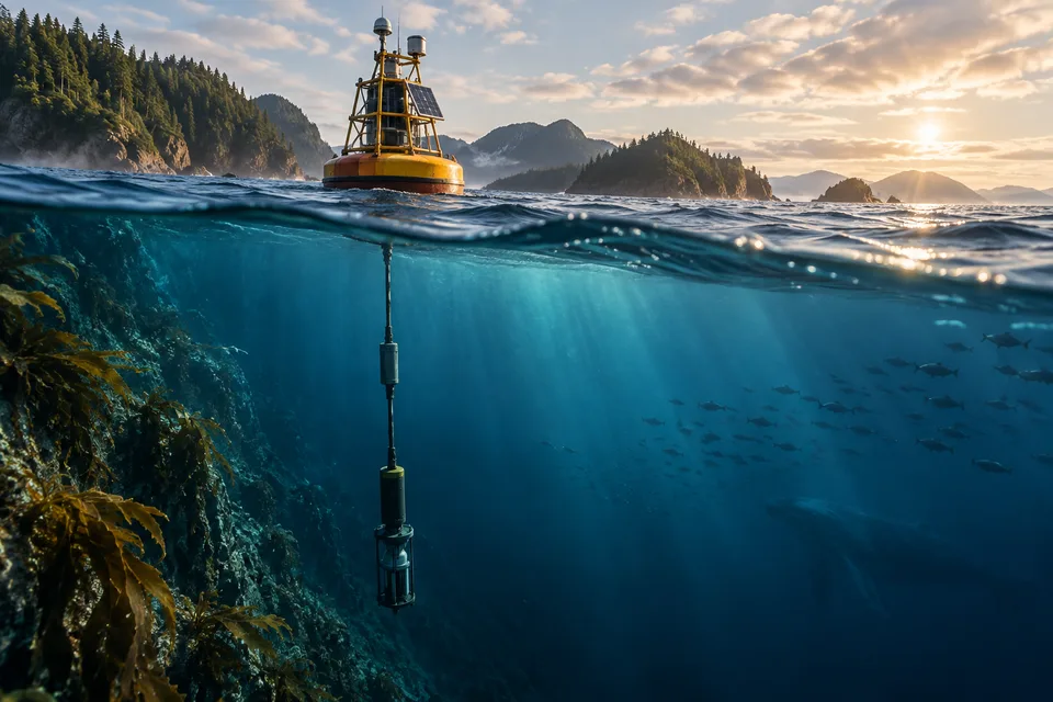 AI conceptual ocean cross-section showing layers of water and an autonomous observing float
