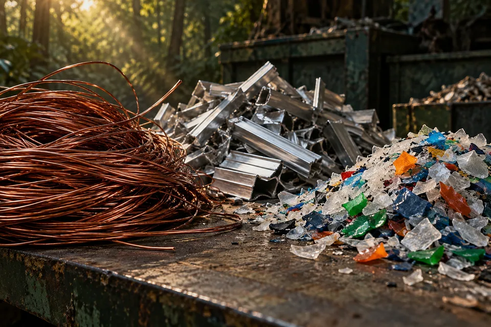 AI editorial still life of sorted packaging and recycled material, not a documentary facility photograph
